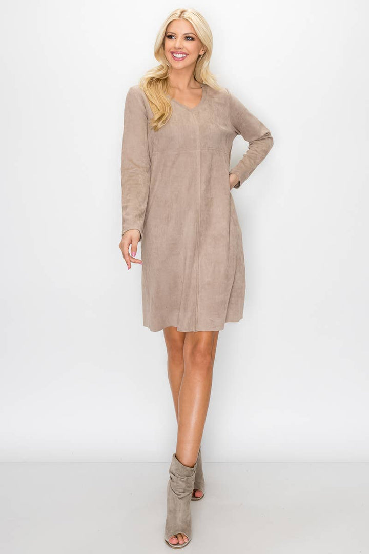 Aurora V-Neck Suede Dress: KHAKI / XL / 2059V