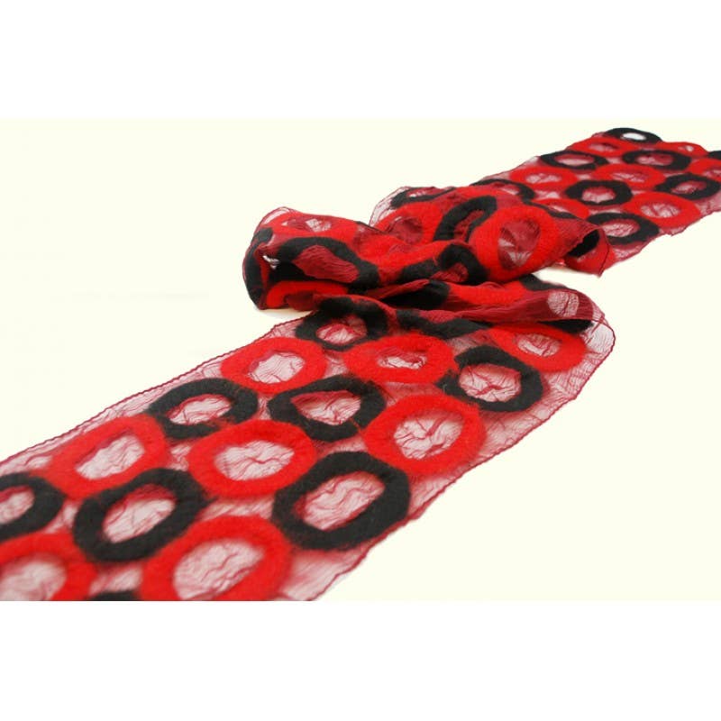 Red and Black Circle Felted Red Chiffon Scarves