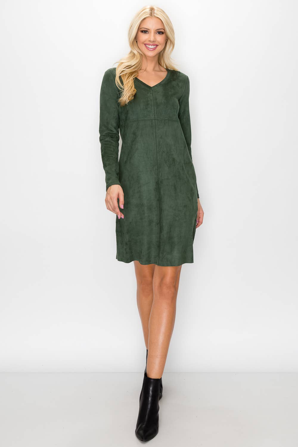 Aurora V-Neck Suede Dress: BLK / M / 2059V-NP