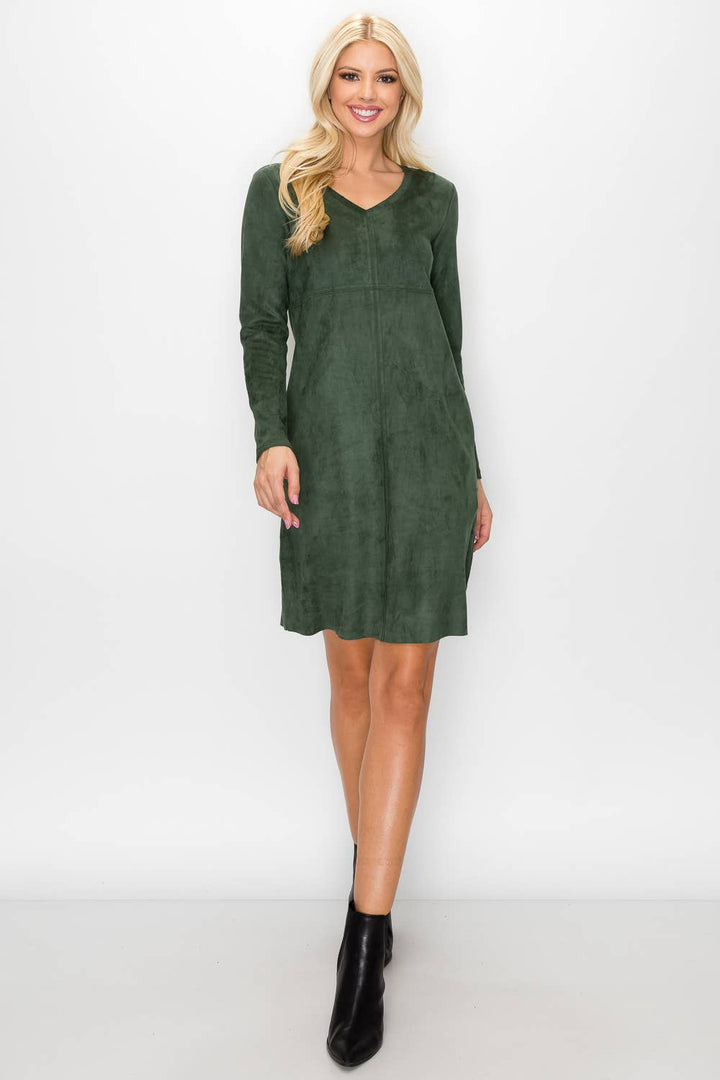 Aurora V-Neck Suede Dress: MAHOGANY / XS / 2059V