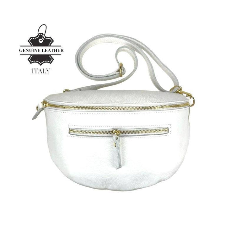 Large Italian Leather Waist Bag: Silver