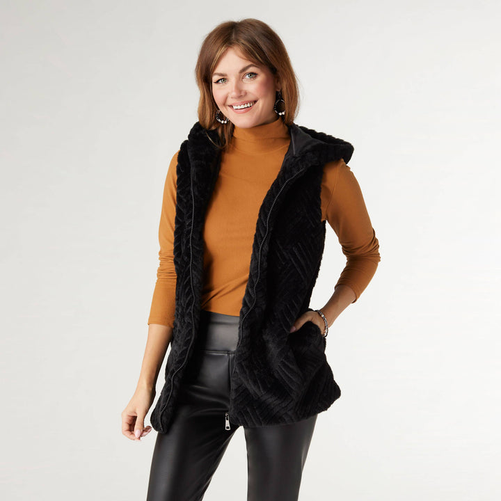 Faux Fur Hooded Vest: Black / S/M