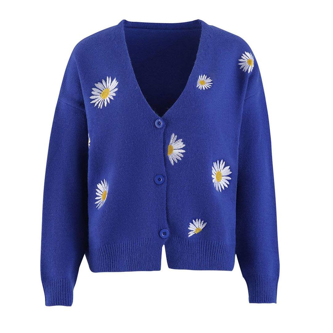 Daisy Pattern V-neck Cardi: Black / S