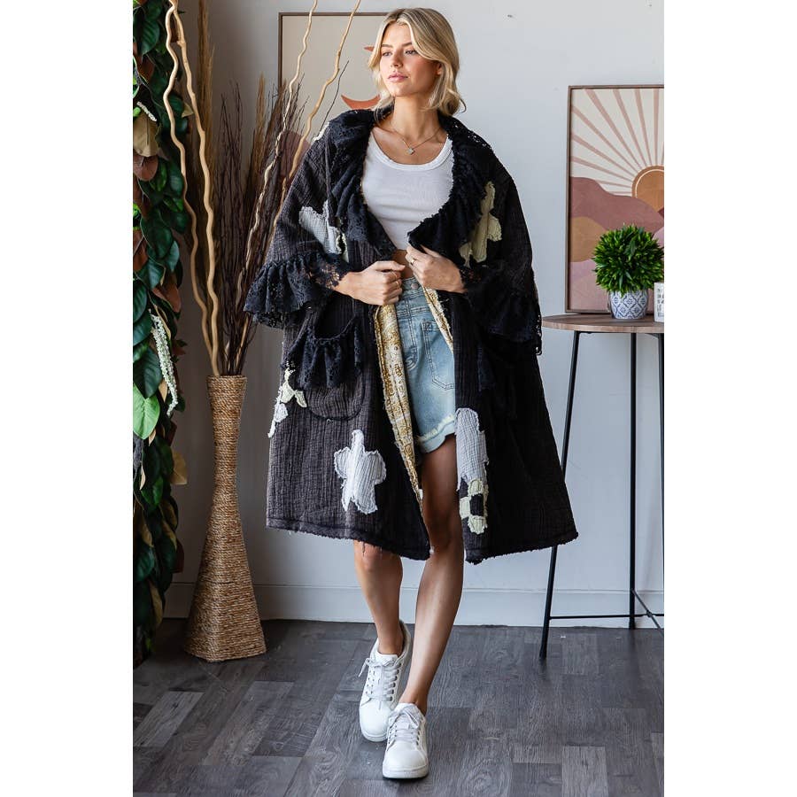 FLOWER LACE RUFFLE DUSTER: BLACK