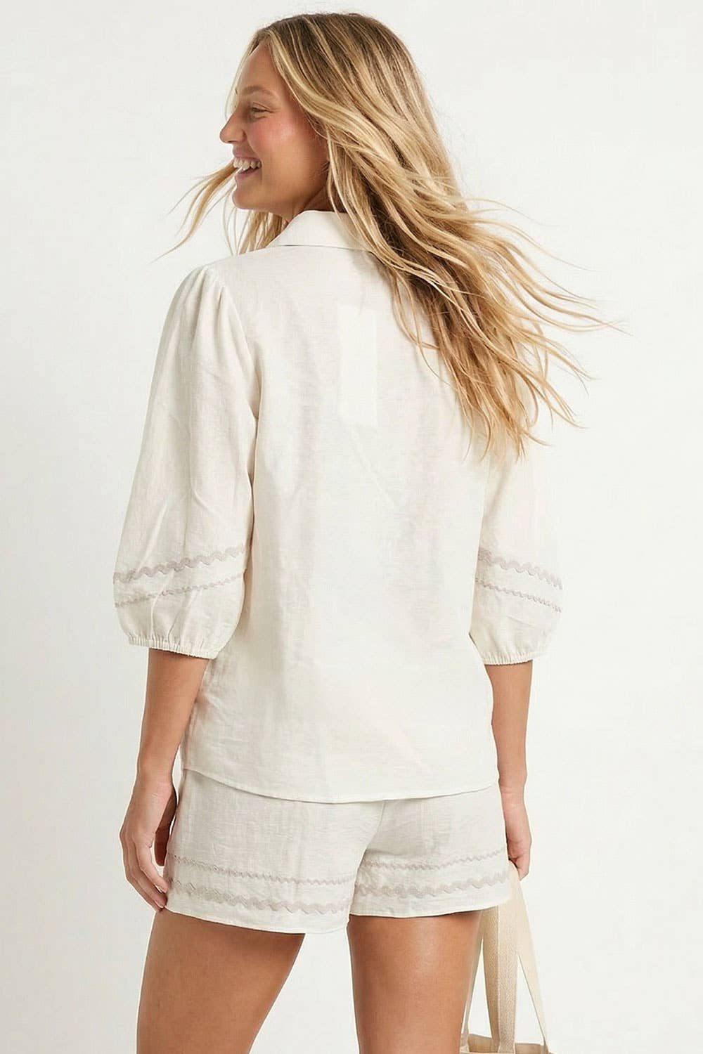 Puff Sleeve Linen Blouse: Navy / S