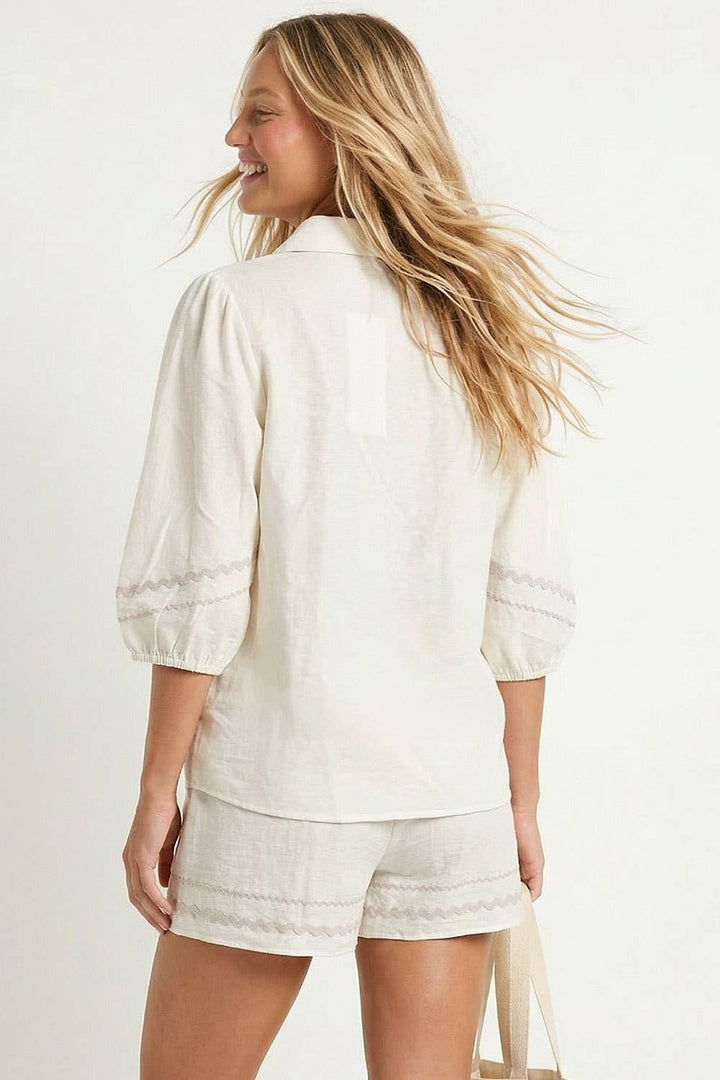 Puff Sleeve Linen Blouse: Navy / S