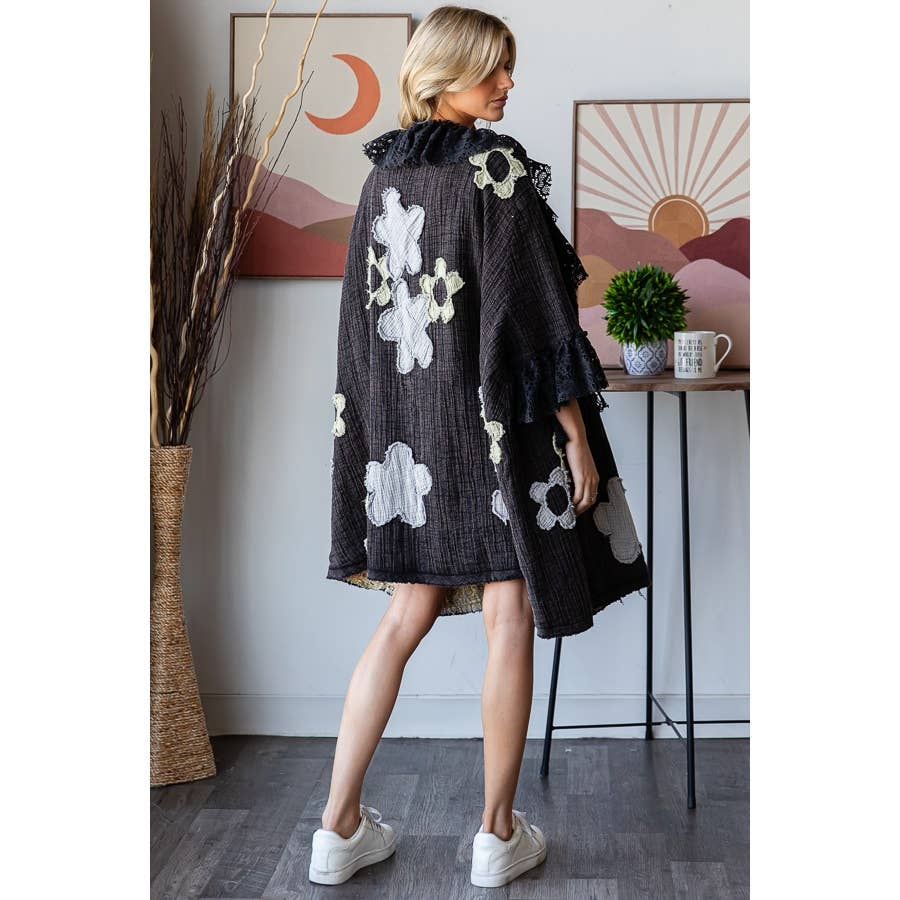FLOWER LACE RUFFLE DUSTER: BLACK