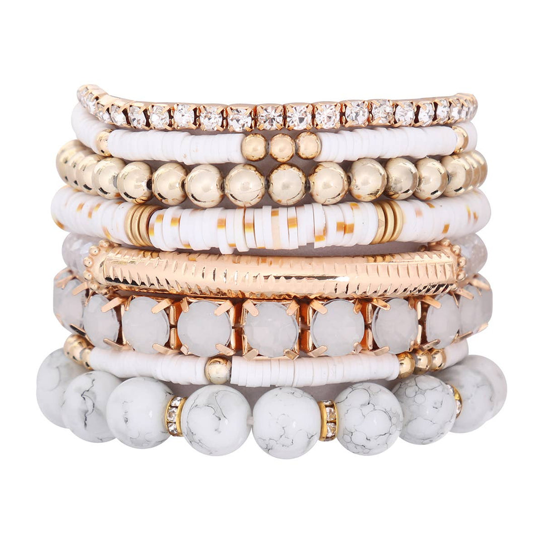 MIX BEAD CHARM STRETCH BRACELET: WHITE