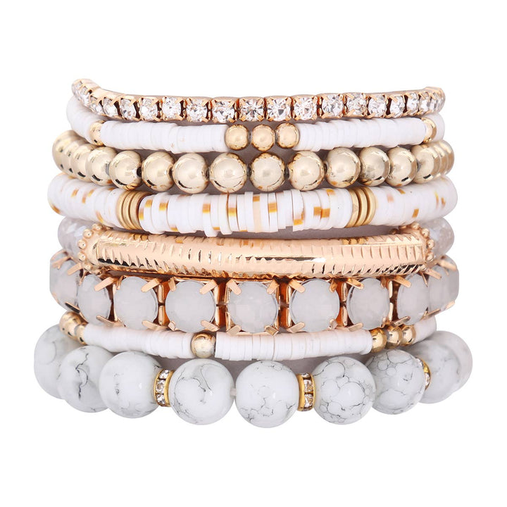 MIX BEAD CHARM STRETCH BRACELET: WHITE