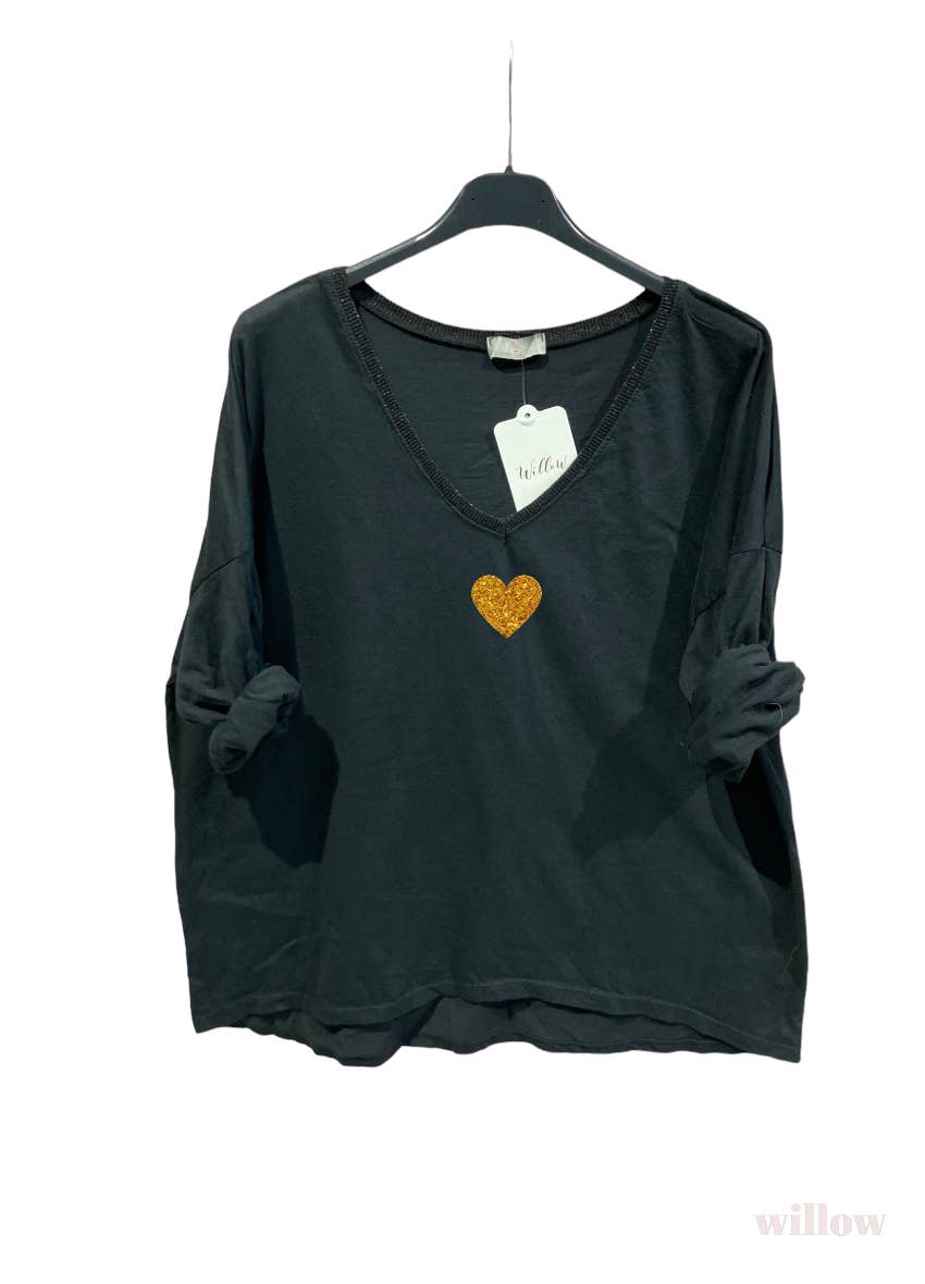 Gold heart long sleeve lurex collar top: Jeans