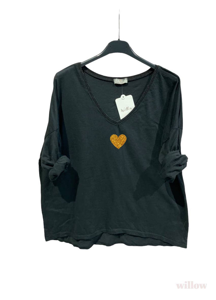 Gold heart long sleeve lurex collar top: Jeans