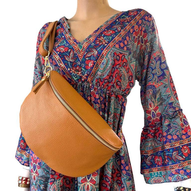 Large Italian Leather Waist Bag: Orange