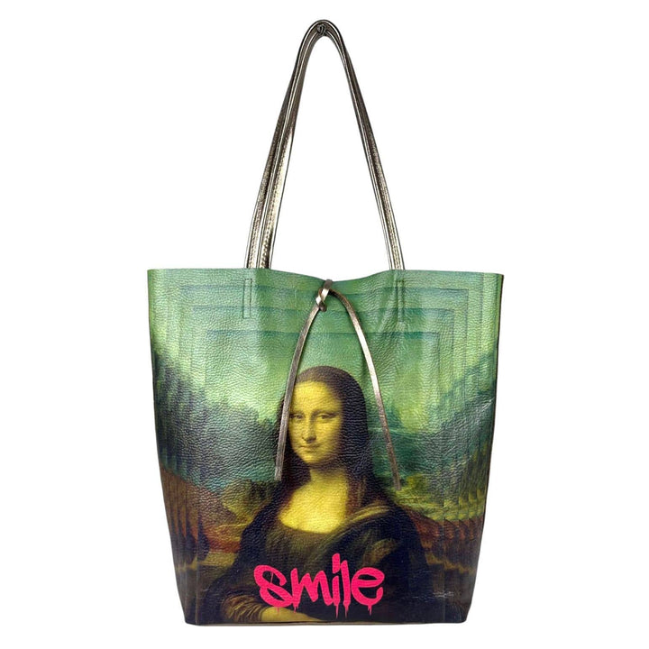 Leather Shopper Bag with Frida Kahlo: Blue