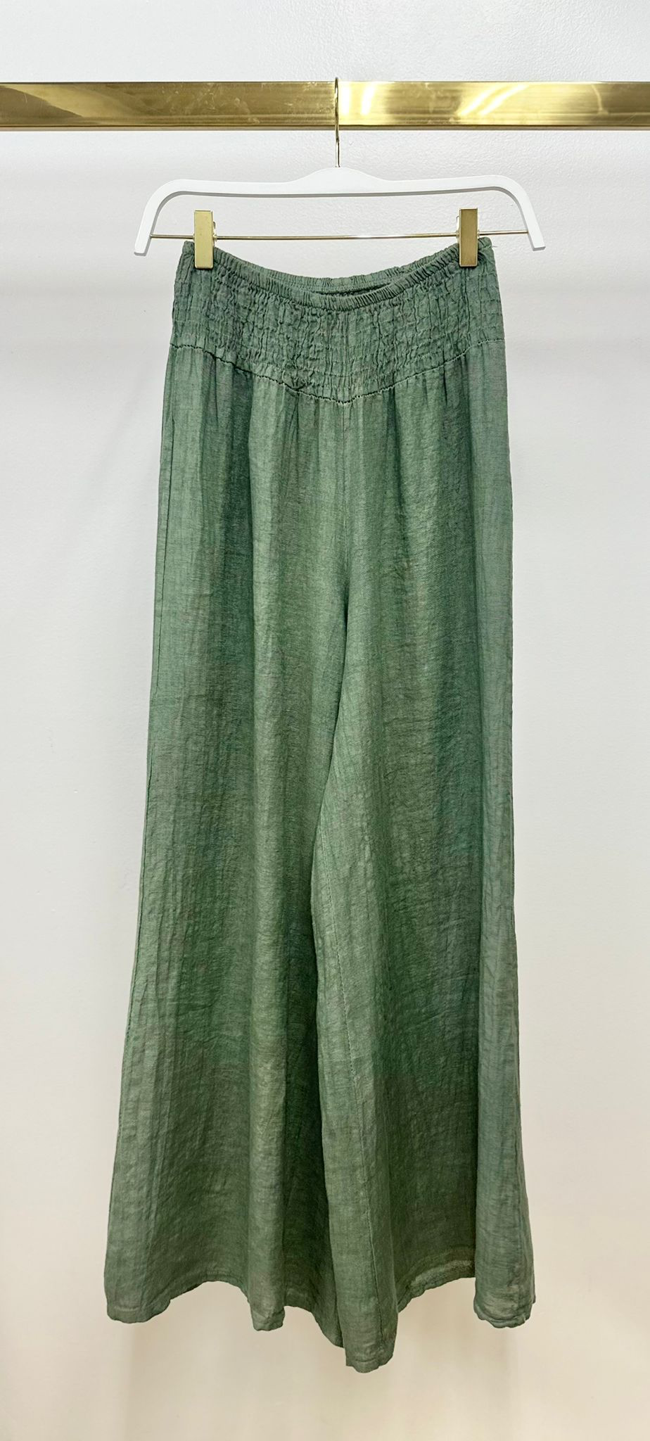 LINEN SMOCKED WAIST PANT: Mocha / XS