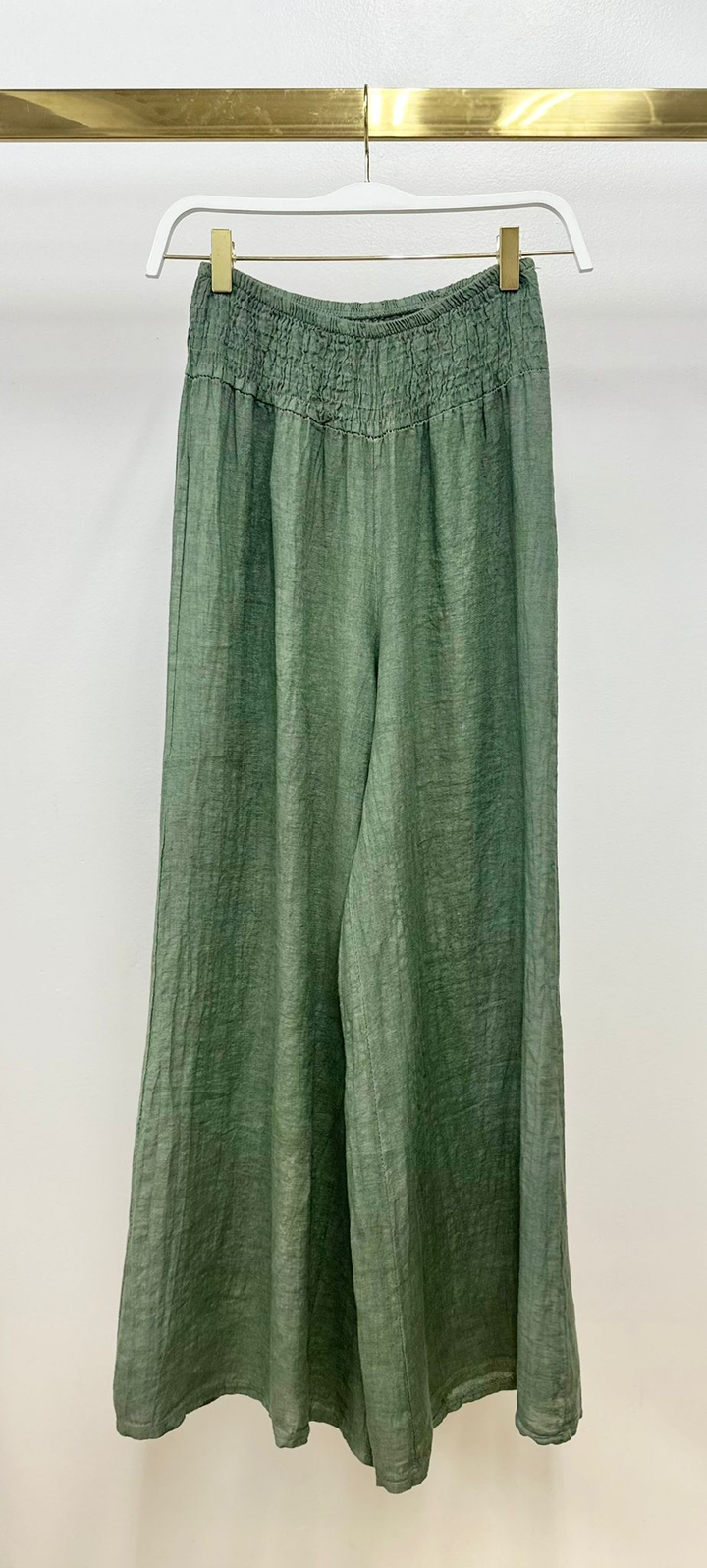 LINEN SMOCKED WAIST PANT: Mocha / M
