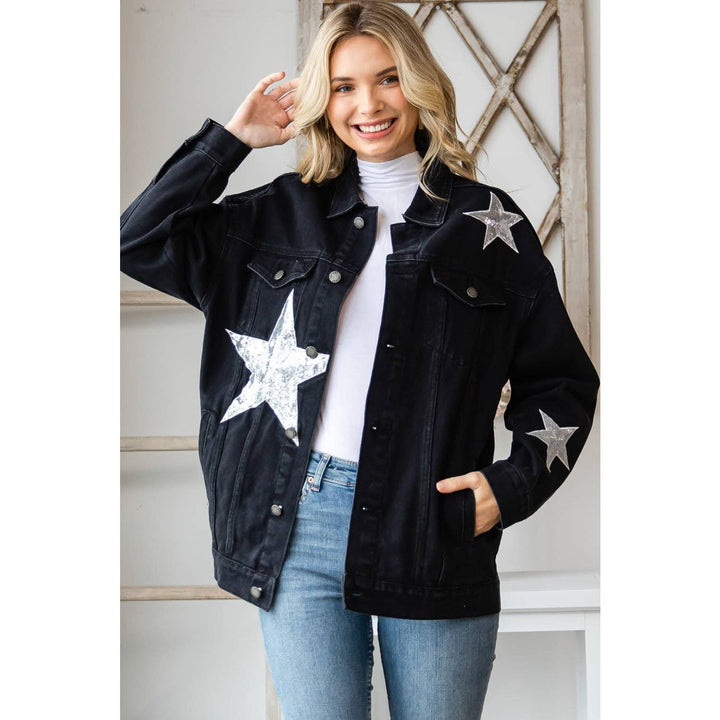 Sequins Star Patch Denim Jacket: Black / M