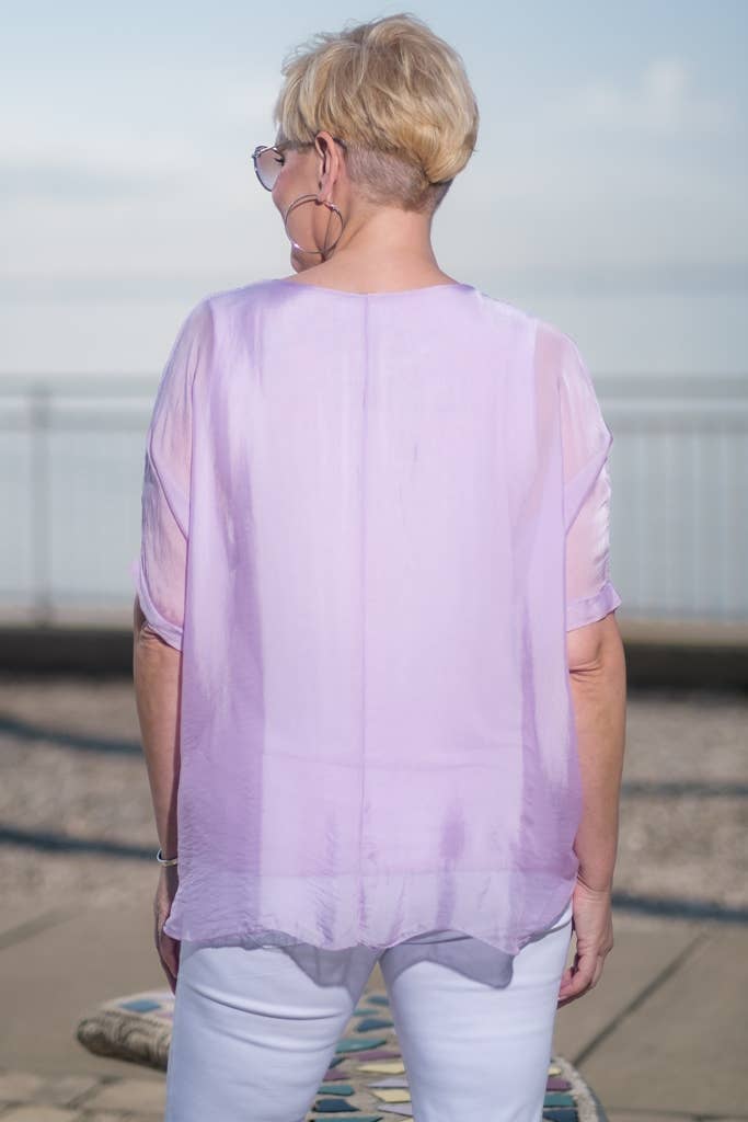 Adriana Silk Double Raw Edge Top (BQ209): Navy