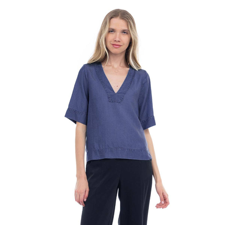 V-Neck Band Blouse: Dark Blue / L