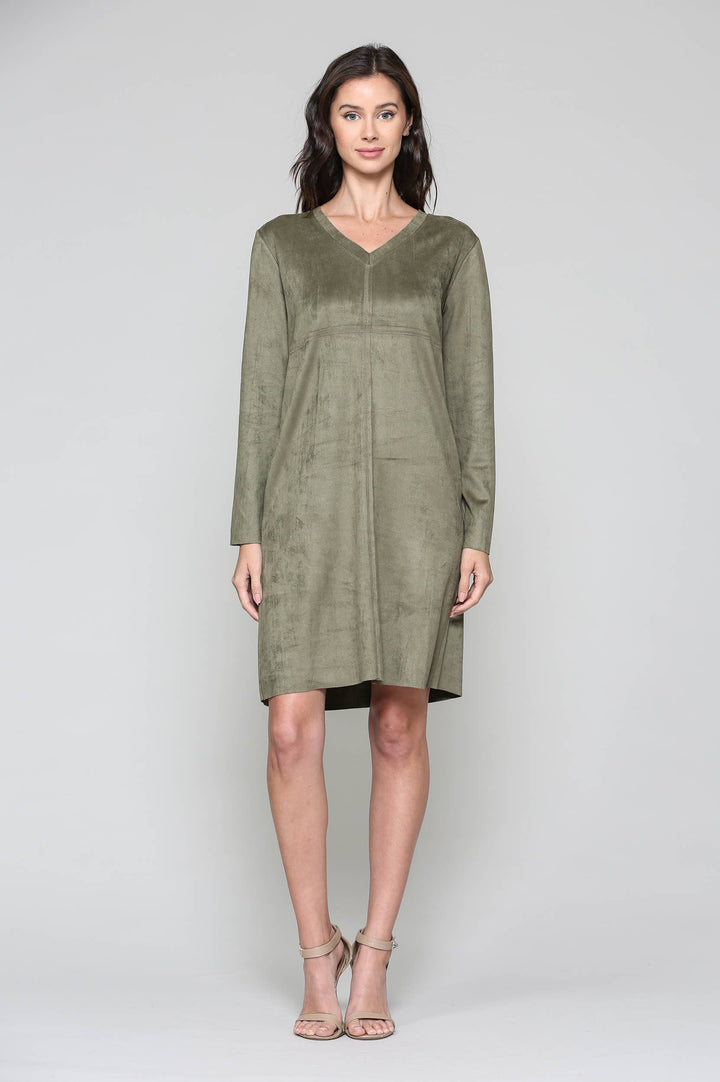 Aurora V-Neck Suede Dress: BLK / M / 2059V-NP