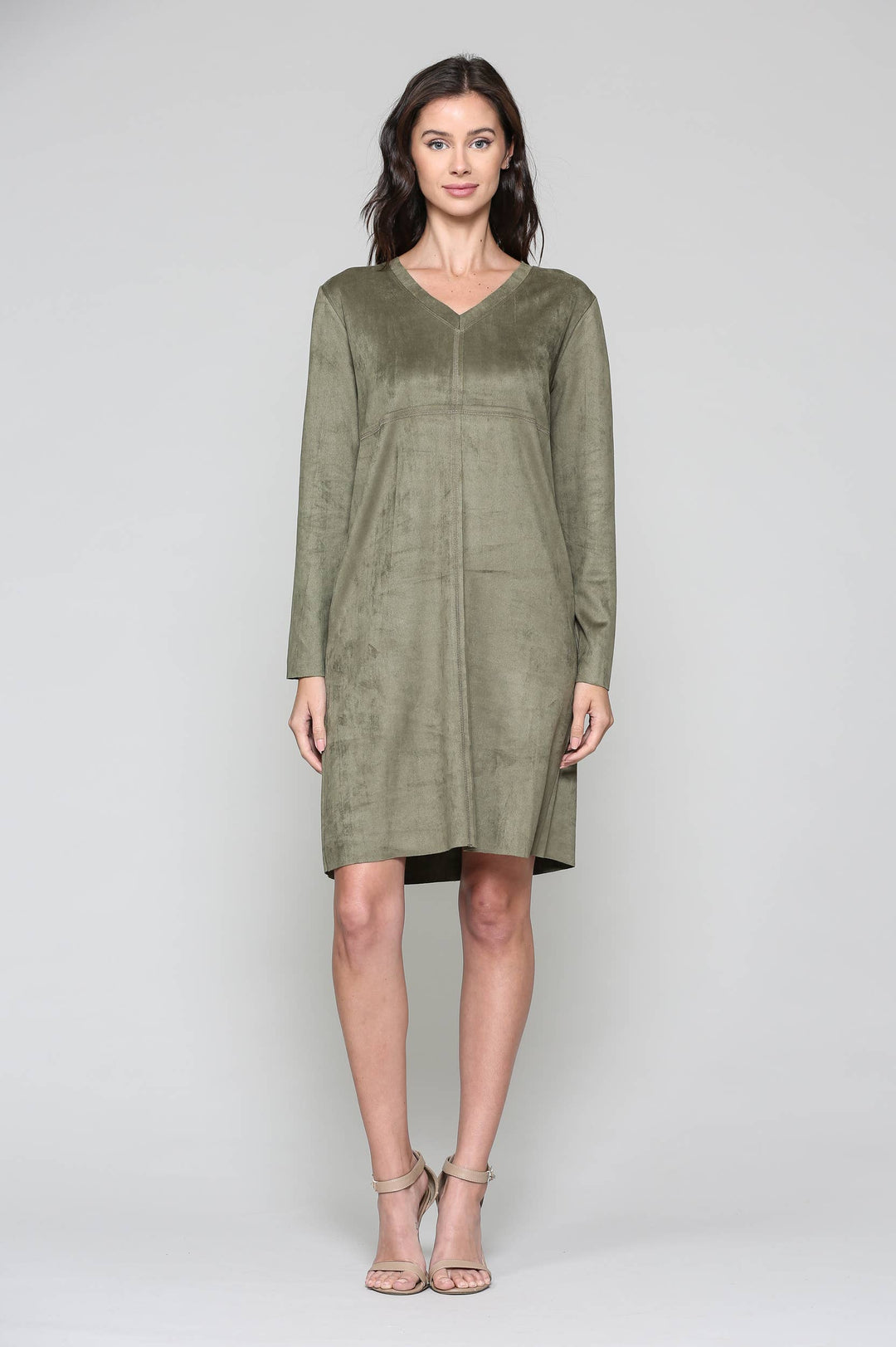 Aurora V-Neck Suede Dress: KHAKI / XL / 2059V
