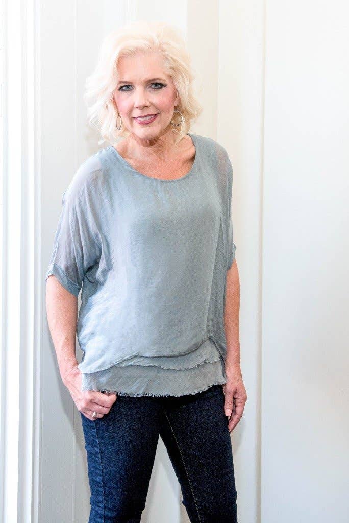 Adriana Silk Double Raw Edge Top (BQ209): Navy