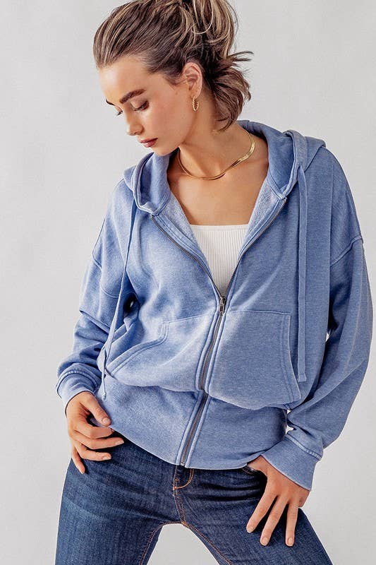 WASHED ZIP UP HOODIE JKT: BLUE FOG