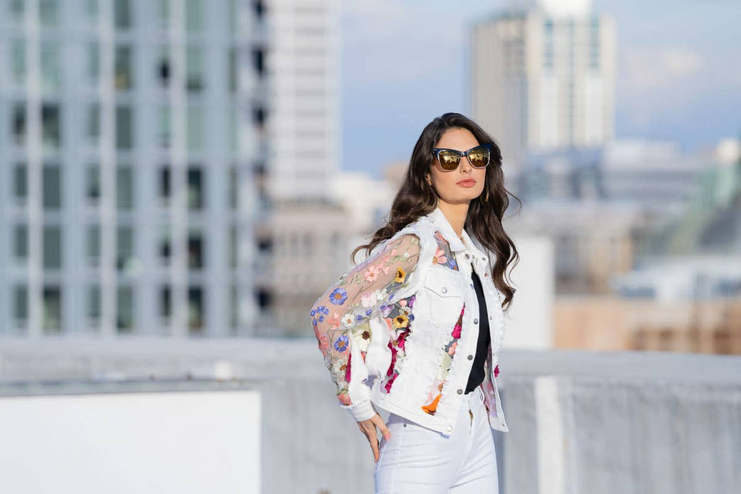White Denim Jacket with Floral Embroidery: L