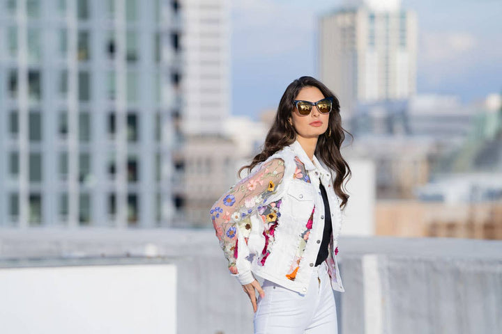 White Denim Jacket with Floral Embroidery: XL