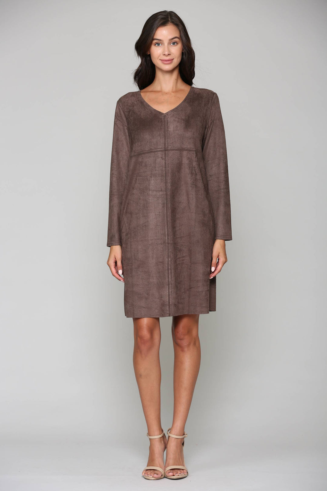 Aurora V-Neck Suede Dress: UMBER / M / 2059V