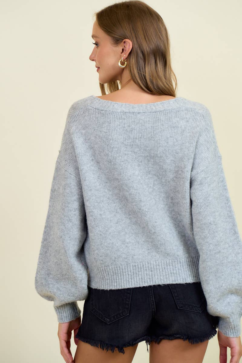 Doe and Rae - FLORAL APPLIQUE BUTTON DOWN SWEATER CARDIGAN - 10786J: GREY / M