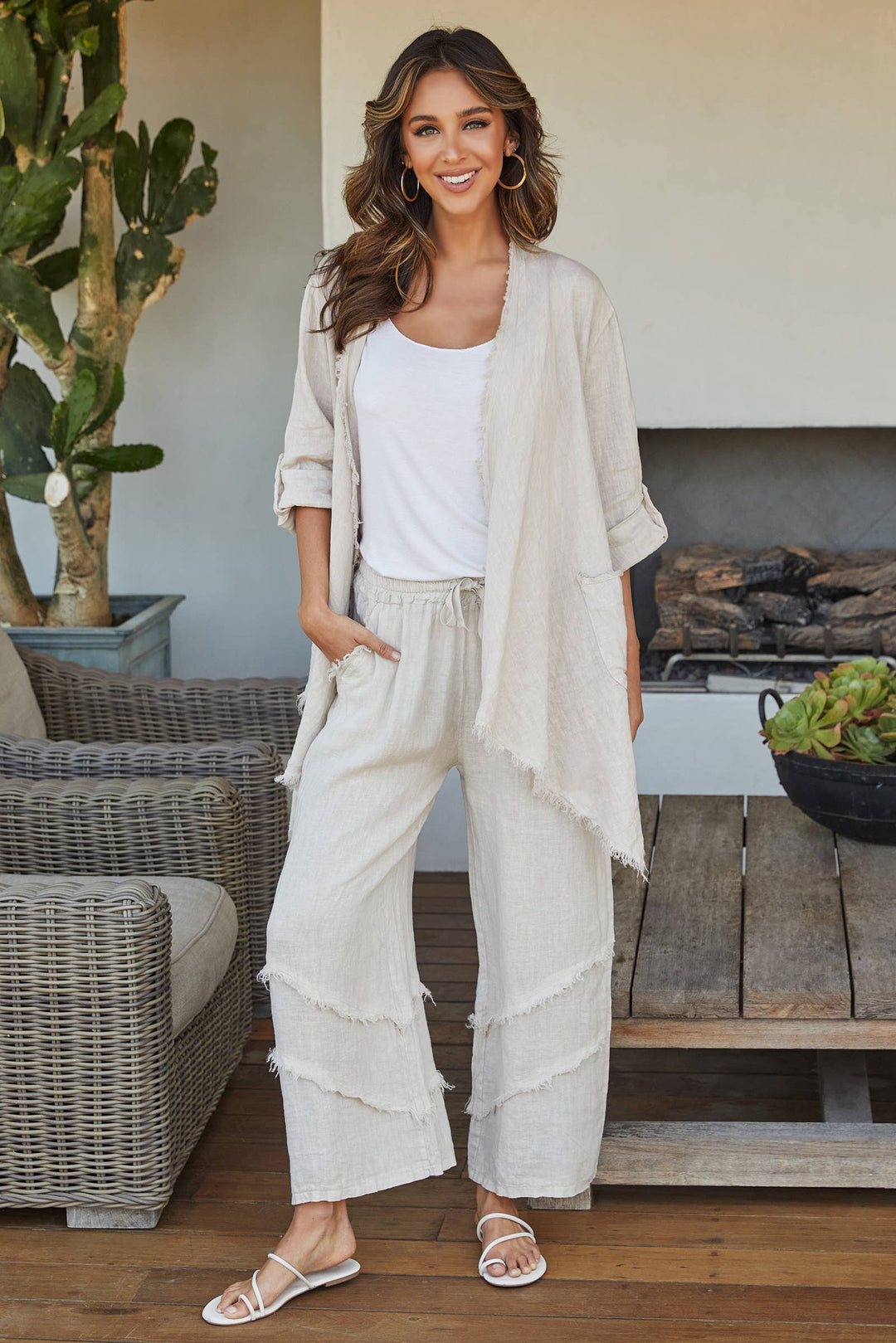 LINEN ASYMMETRICAL CARDI Beige / M