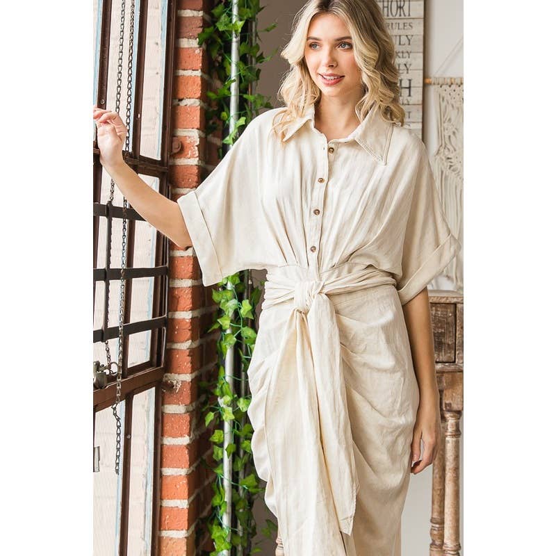 TIE WAIST BUTTON DOWN SHIRT DRESS; NATRL