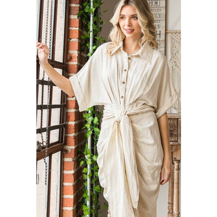 TIE WAIST BUTTON DOWN SHIRT DRESS: MINT