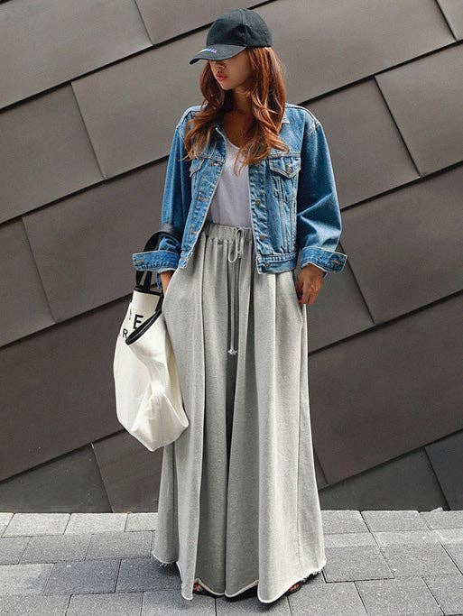 Urban Gray Wide Leg Elastic Waist Pants: BLACK / L