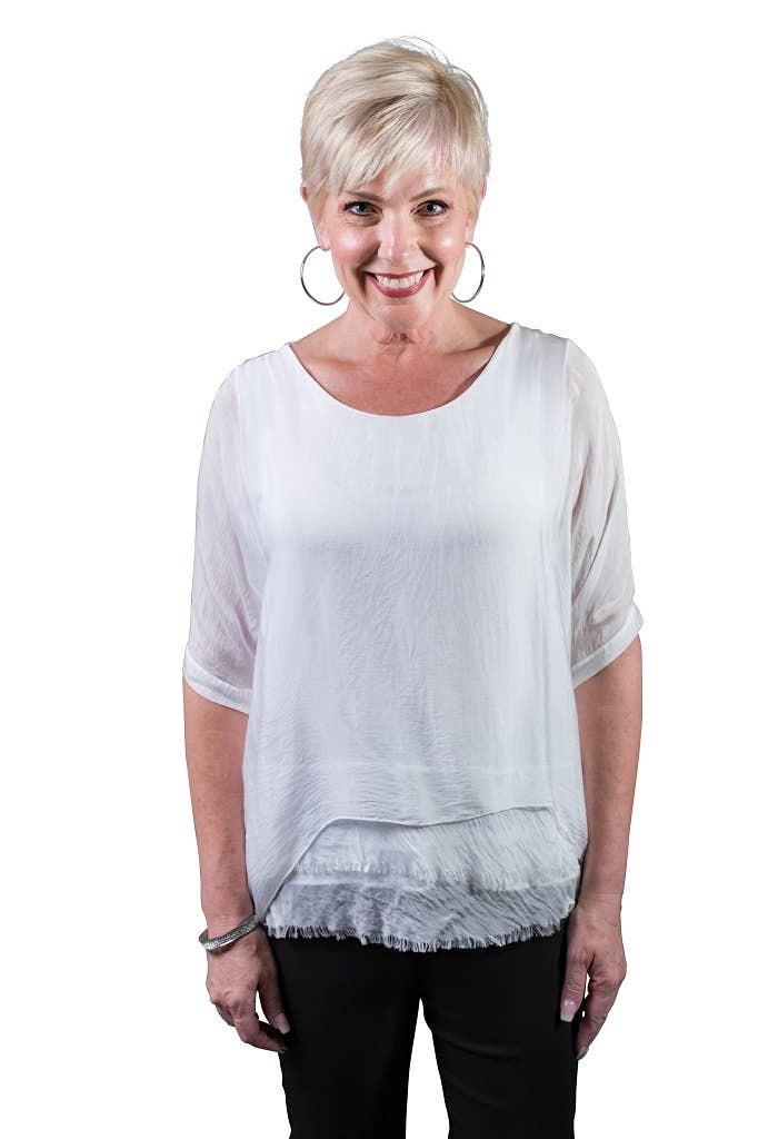 Adriana Silk Double Raw Edge Top (BQ209): Navy