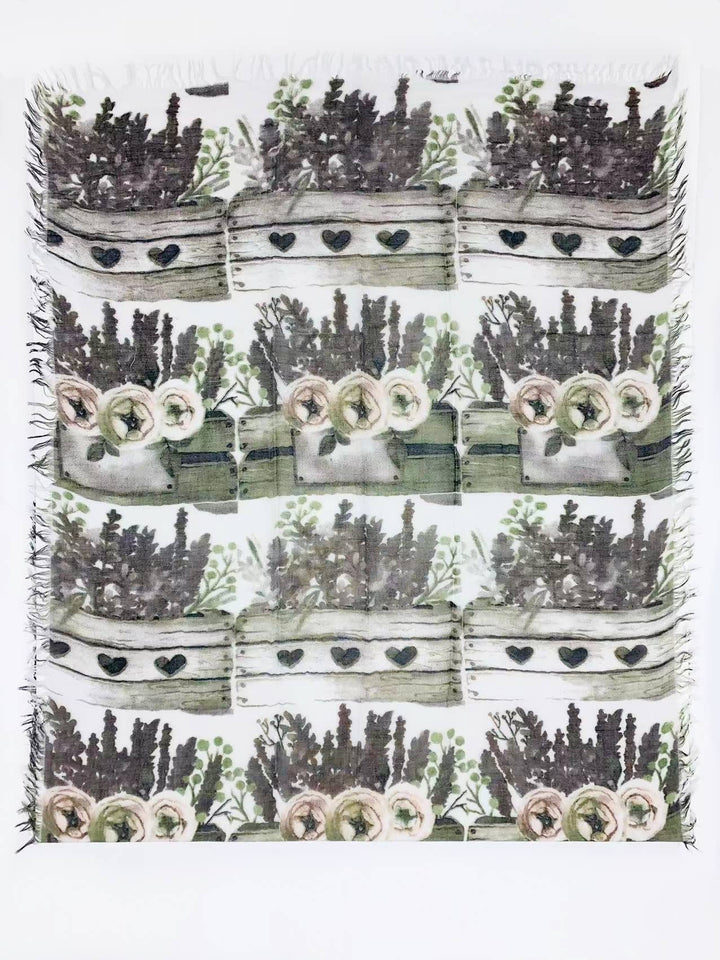 Grey Floral Rose & Lavender Fringe-Accent Scarf