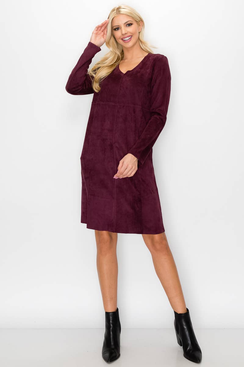 Aurora V-Neck Suede Dress: KHAKI / XS / 2059V