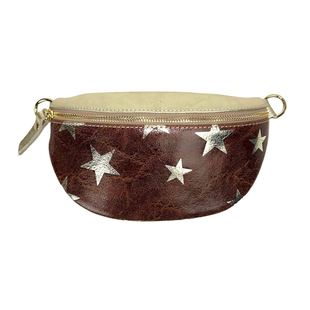 Metallic Leather Waist Bag with Star Print: Taupe