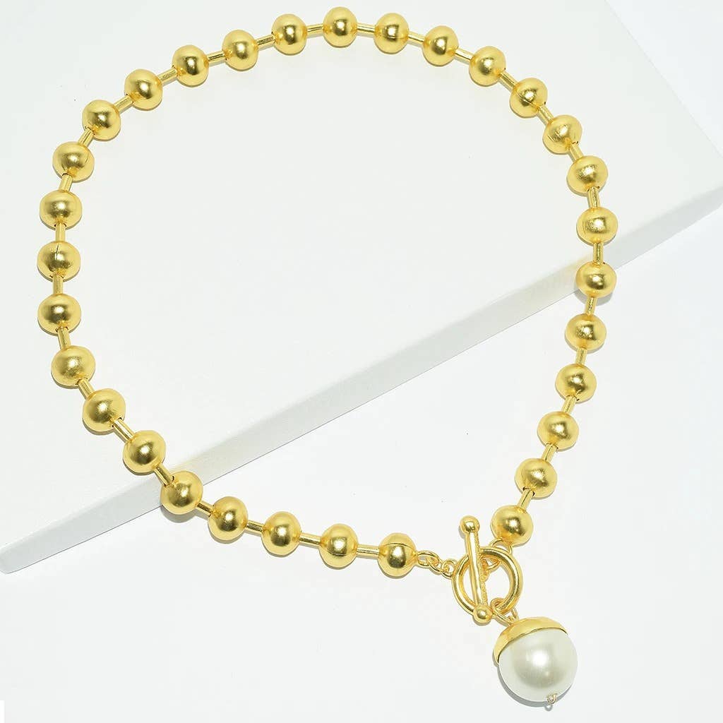 Ball Chain & Pearl Drop Necklace: Gold