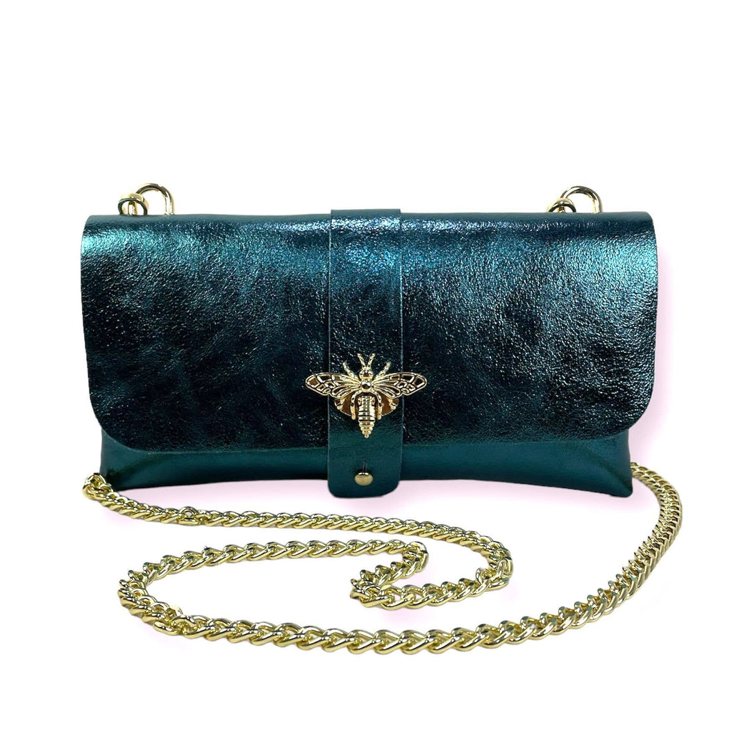 Leather Party Bag with Chain: Bottle Green