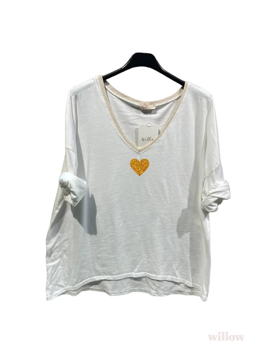 Gold heart long sleeve lurex collar top: Jeans