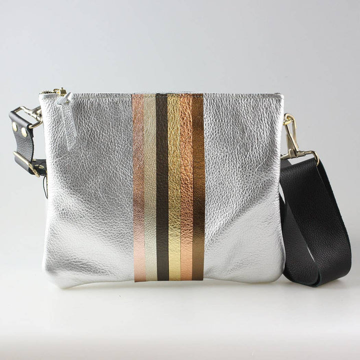Neutral Stripe Taylor Crossbody: Gunmetal with Neutral Rainbow Stripes / Unlined / 9"x7.5"