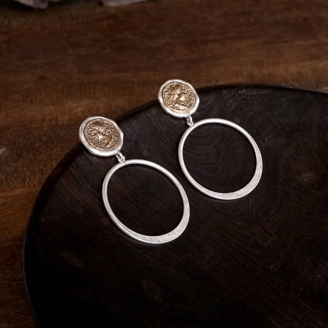 Coin and Hoop Earrings :Silver Tone