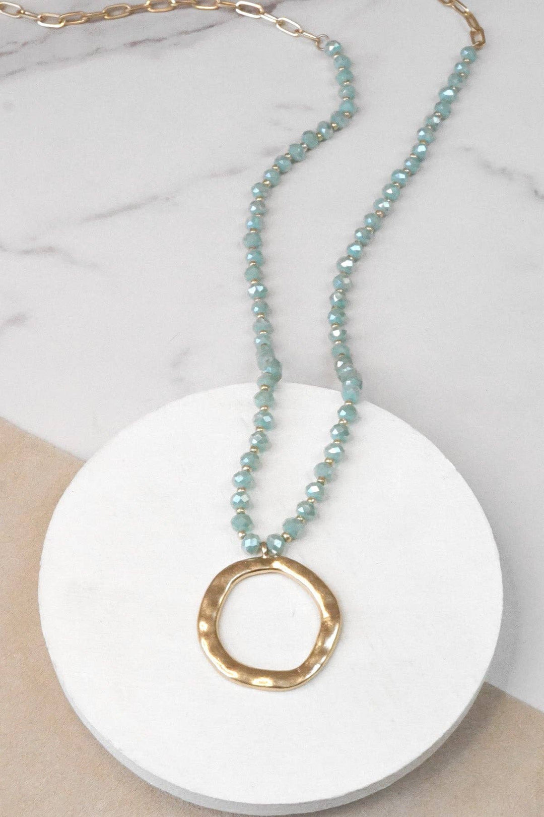 Necklace with Gold Tone Circle Aqua