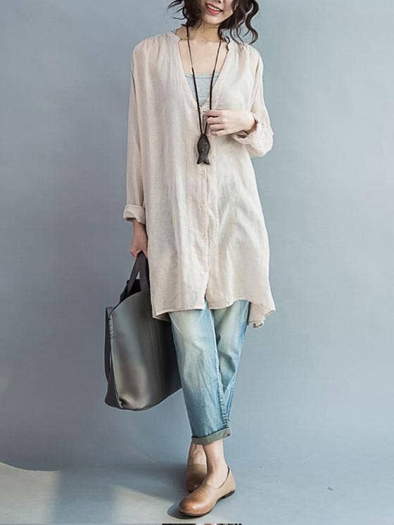 V-neck Two-pieces Blouses Shirt: BEIGE