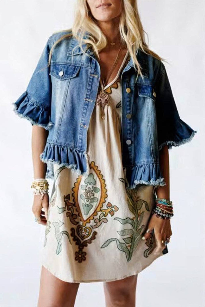 Frayed Denim Jacket: BLUE / S