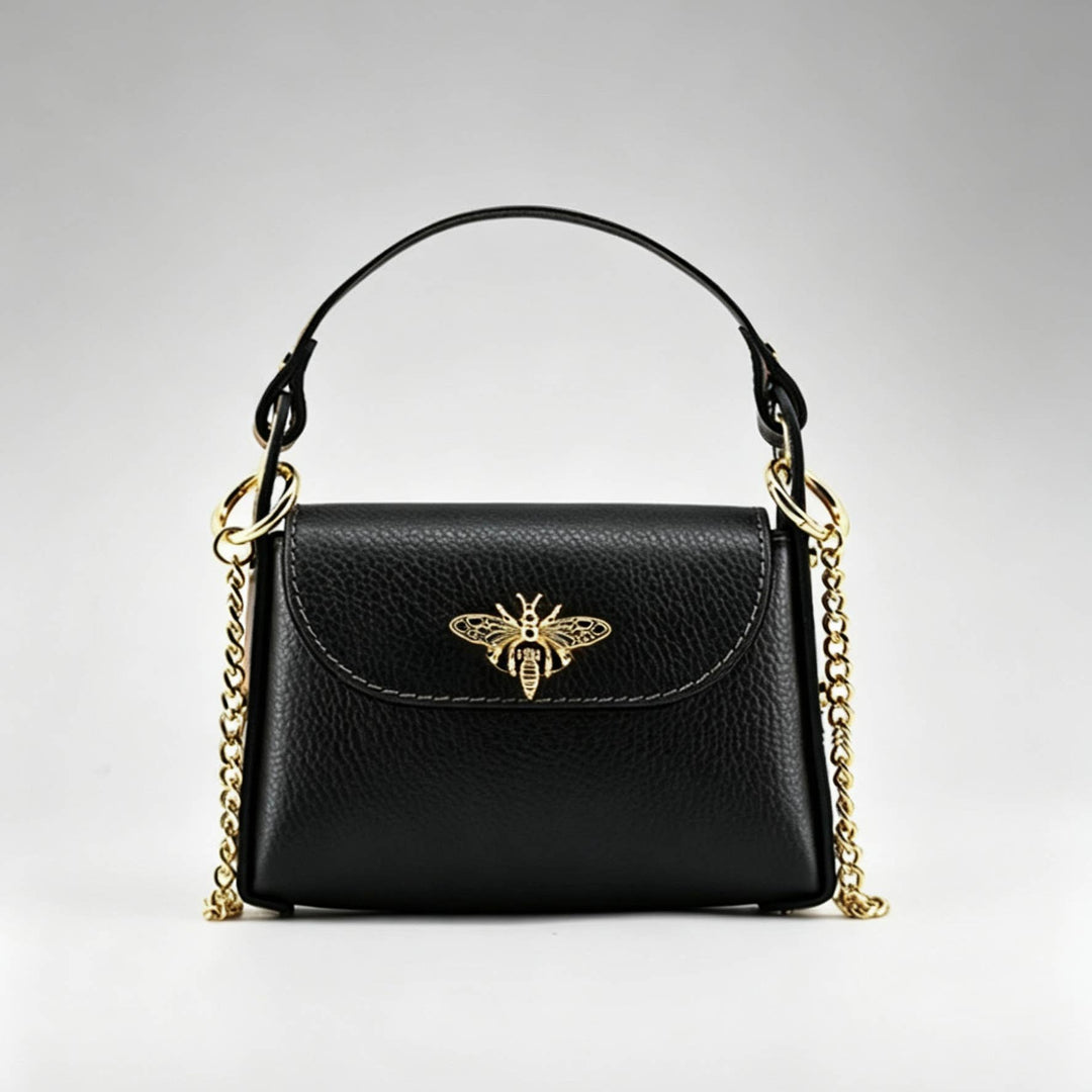 Mini Leather  Bag with Bee Clasp: Nero