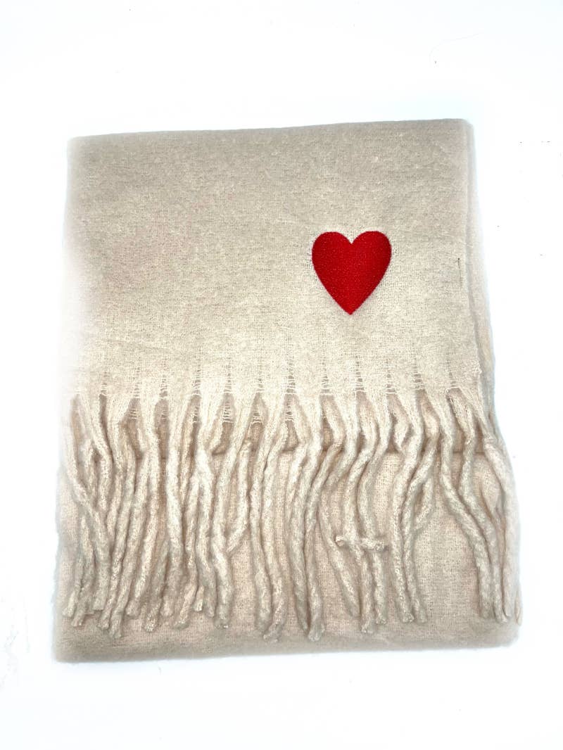 Big fringe scarf with embroidered heart : White