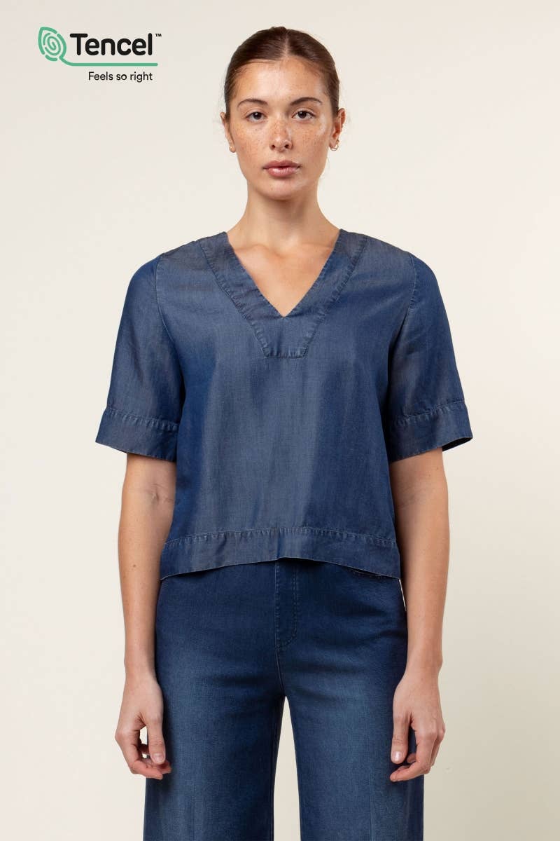 V-Neck Band Blouse: Dark Blue / M