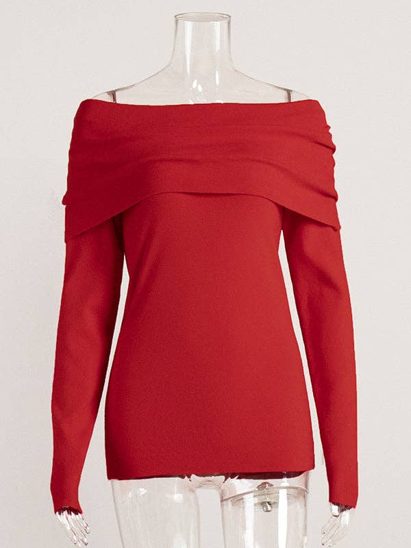 Off Shoulder Sweater:Red /S